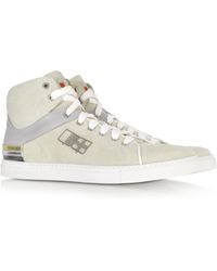 Lanvin Tan Suede Shearling Trimmed High Top Sneakers in Beige (tan) | Lyst