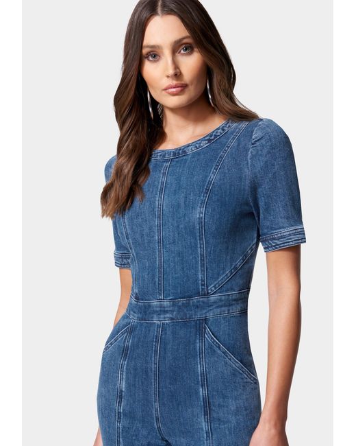 Bebe Puff Sleeve Wide Leg Denim Jumpsuit In Blue Lyst