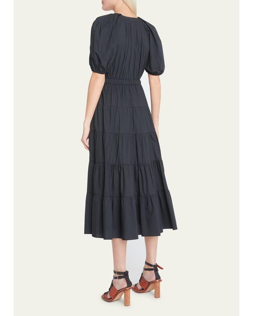 Ulla Johnson Olina Tiered Puff Sleeve Midi Poplin Dress In Blue Lyst