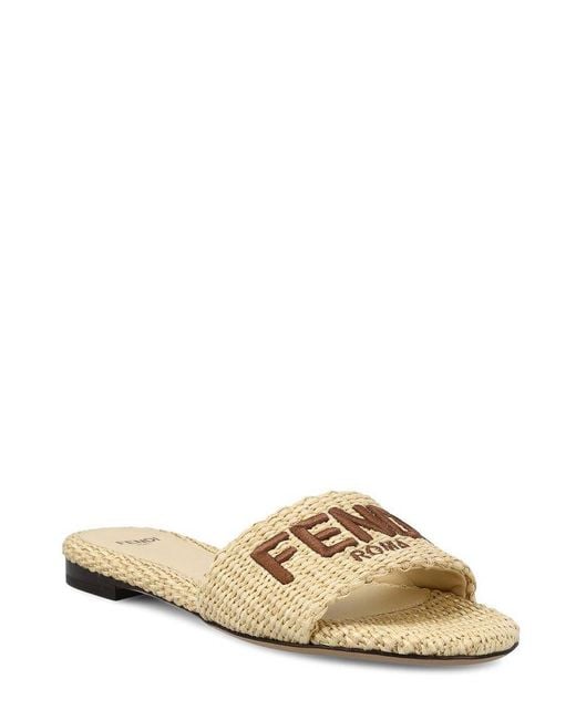 Fendi Signature Logo Embroidered Slides In Natural Lyst