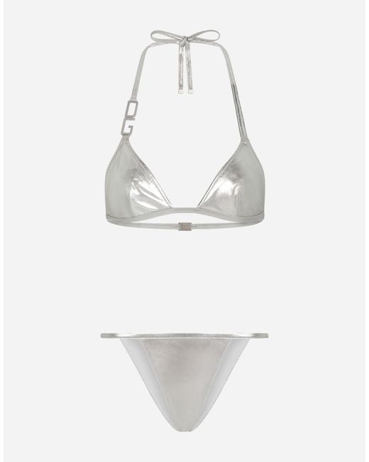 Dolce Gabbana Silk Triangle Bikini With Dg Logo In Silver Metallic