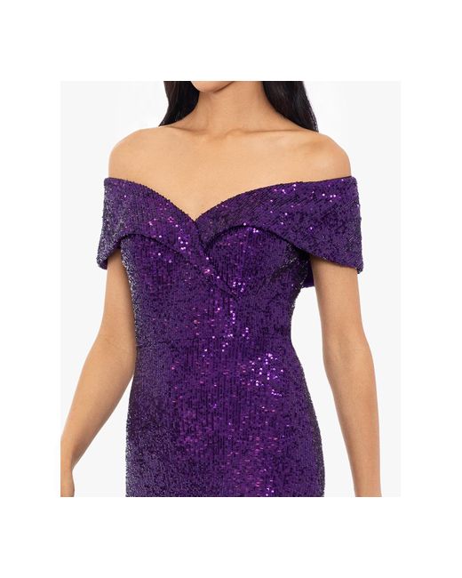 Xscape Off The Shoulder Side Slit Sequin Gown In Purple Lyst