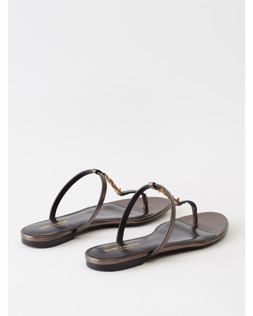 Saint Laurent Cassandra Logo Plaque Leather Flat Sandals In Brown Lyst