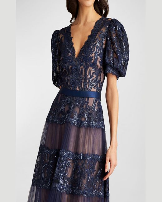 tadashi shoji tiered puff-sleeve sequin lace midi dress retail stores Tadashi Shoji Tiered Puff Sleeve Sequin Lace Midi Dress in  Blue Lyst