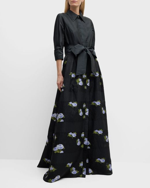 Teri Jon Floral Embroidered A Line Organza Shirt Gown In Black Lyst