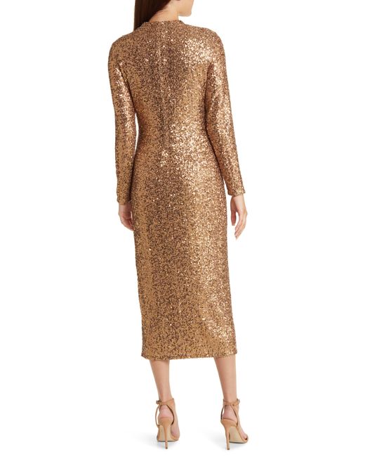 Anne Klein Sequin Mock Neck Long Sleeve Midi Dress In Natural Lyst