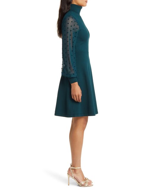 Eliza J Mixed Media Long Sleeve Fit Flare Dress In Blue Lyst