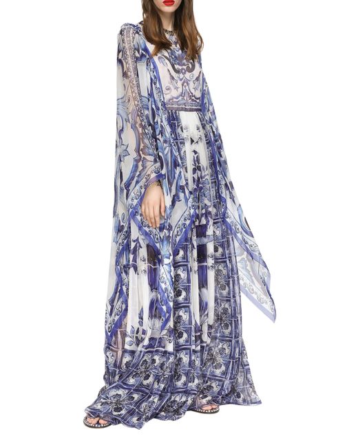 Dolce Gabbana Blu Mediterraneo Painterly Chiffon Kimono Dress In Blue