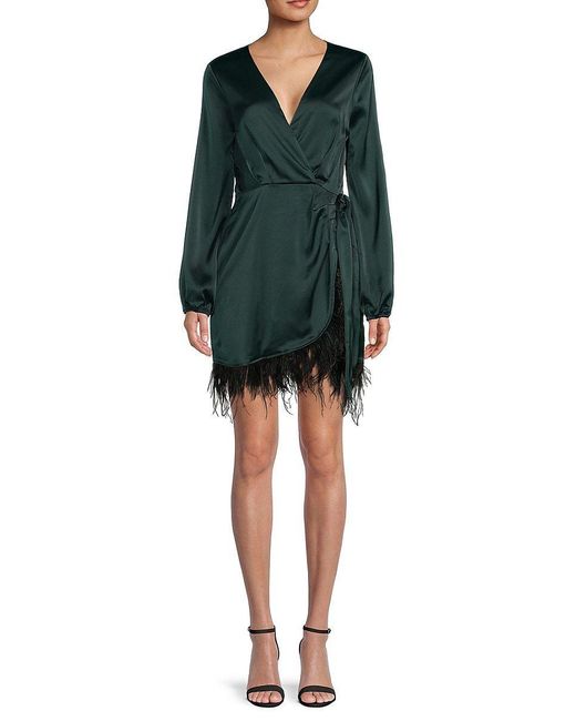 Wayf Feather Trim Faux Wrap Dress In Green Lyst