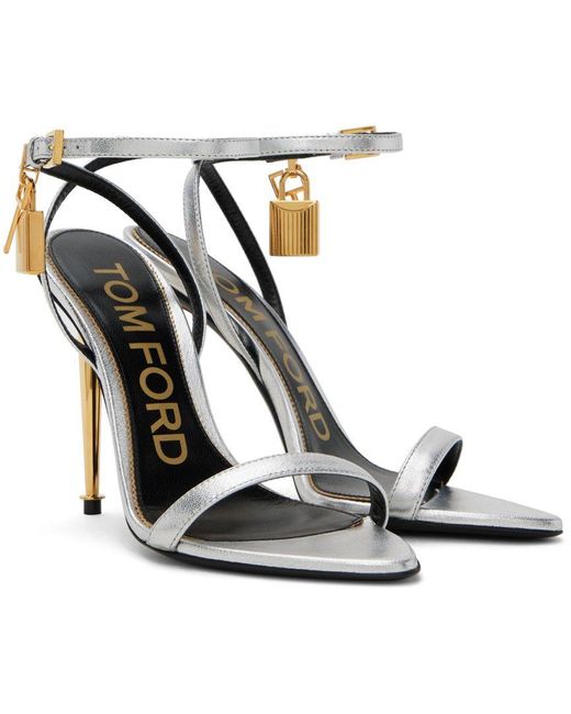 Tom Ford Silver Padlock Pointy Naked Heeled Sandals In Metallic Lyst