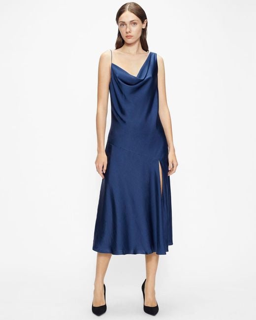 Ted Baker Satin Asymmetric Cowl Neck Slip Dress In Dk Navy Blue Lyst