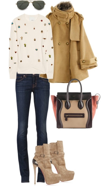 Cold Season Essential: Embellished Wool Sweater,Camel Boots, and a Wool Coat