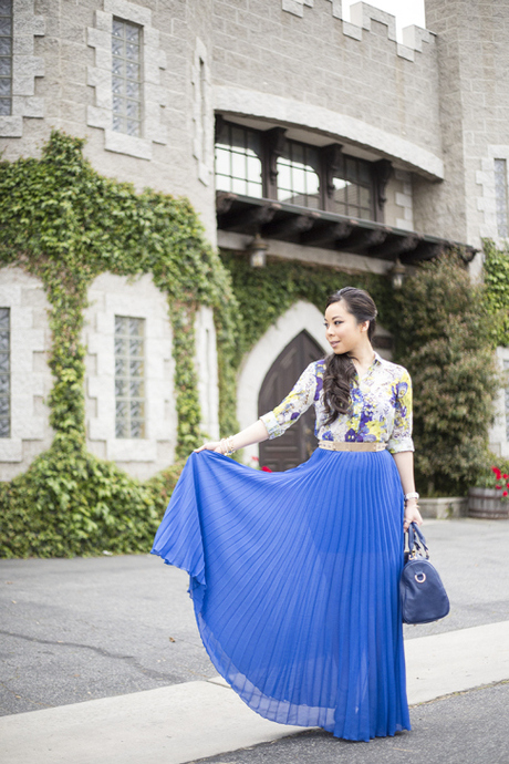 Easter Outfit: Bebe Cobalt Blue Pleated Maxi Skirt + Sole Society Kaylin Bag + Zara Blouse + Glint & Gleam Jewelry