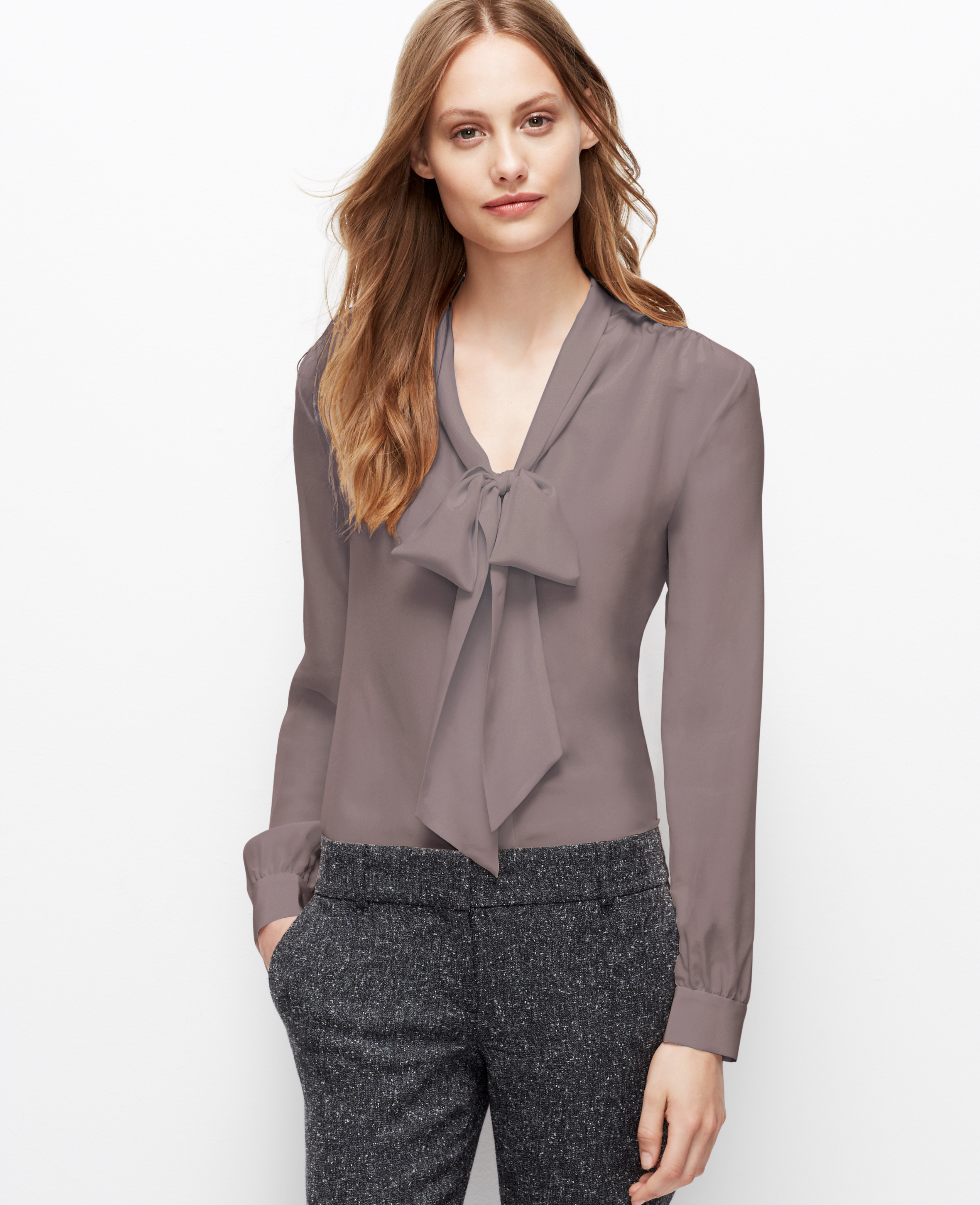Ann Taylor Petite Silk Tie Neck Blouse in Gray (Modern Mink) | Lyst