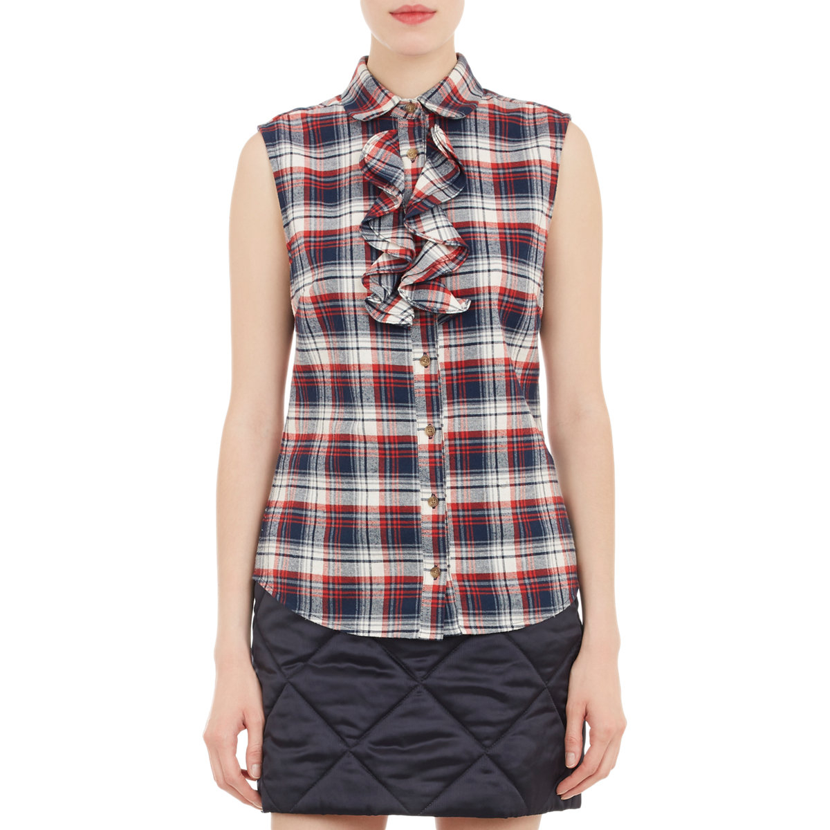 Harvey Faircloth Ruffled Plaid Flannel Sleeveless Shirt in Multicolor