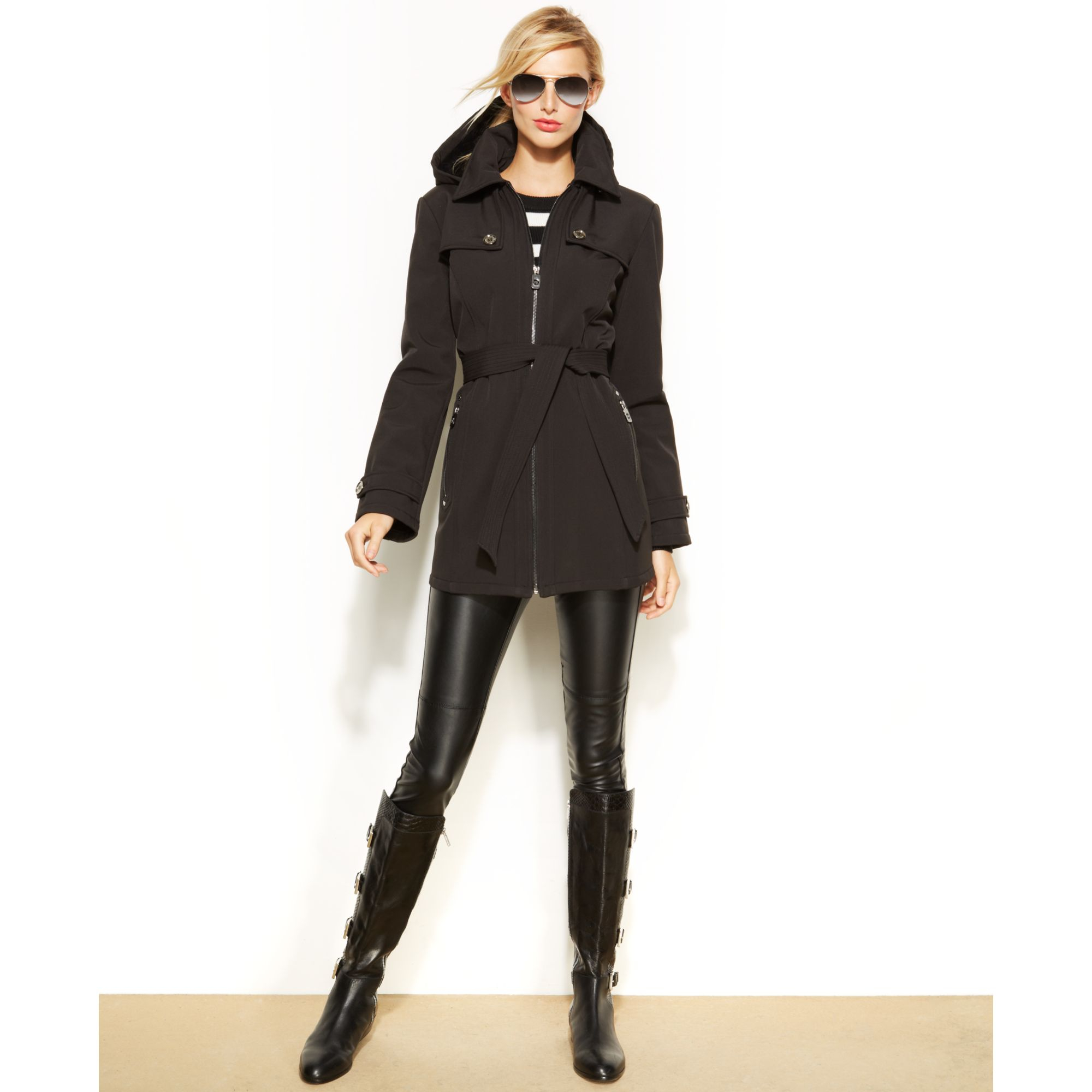 Michael Kors Michael Hooded Belted Soft Shell Coat In Black Lyst