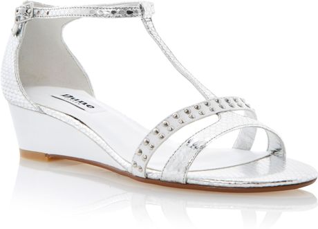 Dune Guida Tbar Low Wedge Sandal in Silver | Lyst