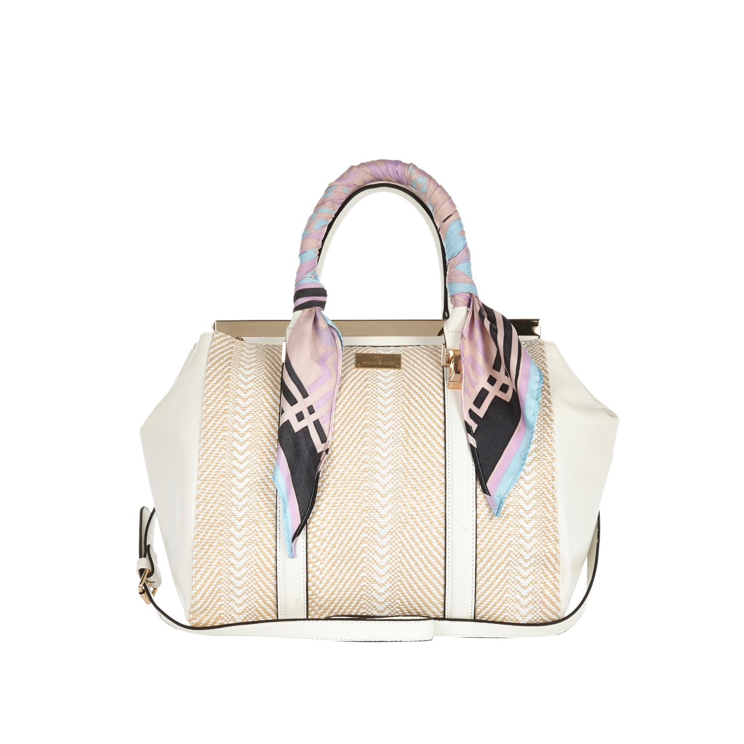River Island White Scarf Handle Woven Tote Bag in White | Lyst