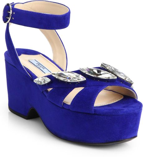 Prada Jeweled Suede Platform Sandals in Blue (BLUETTE-BLUE) | Lyst