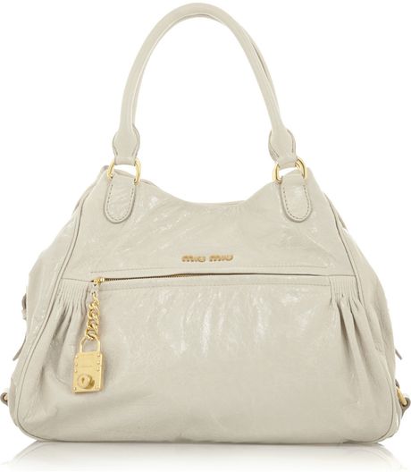 Miu Miu Bugatti Glazed Leather Tote in White