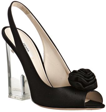  Black Satin Rosette Clear Heel Slingbacks 