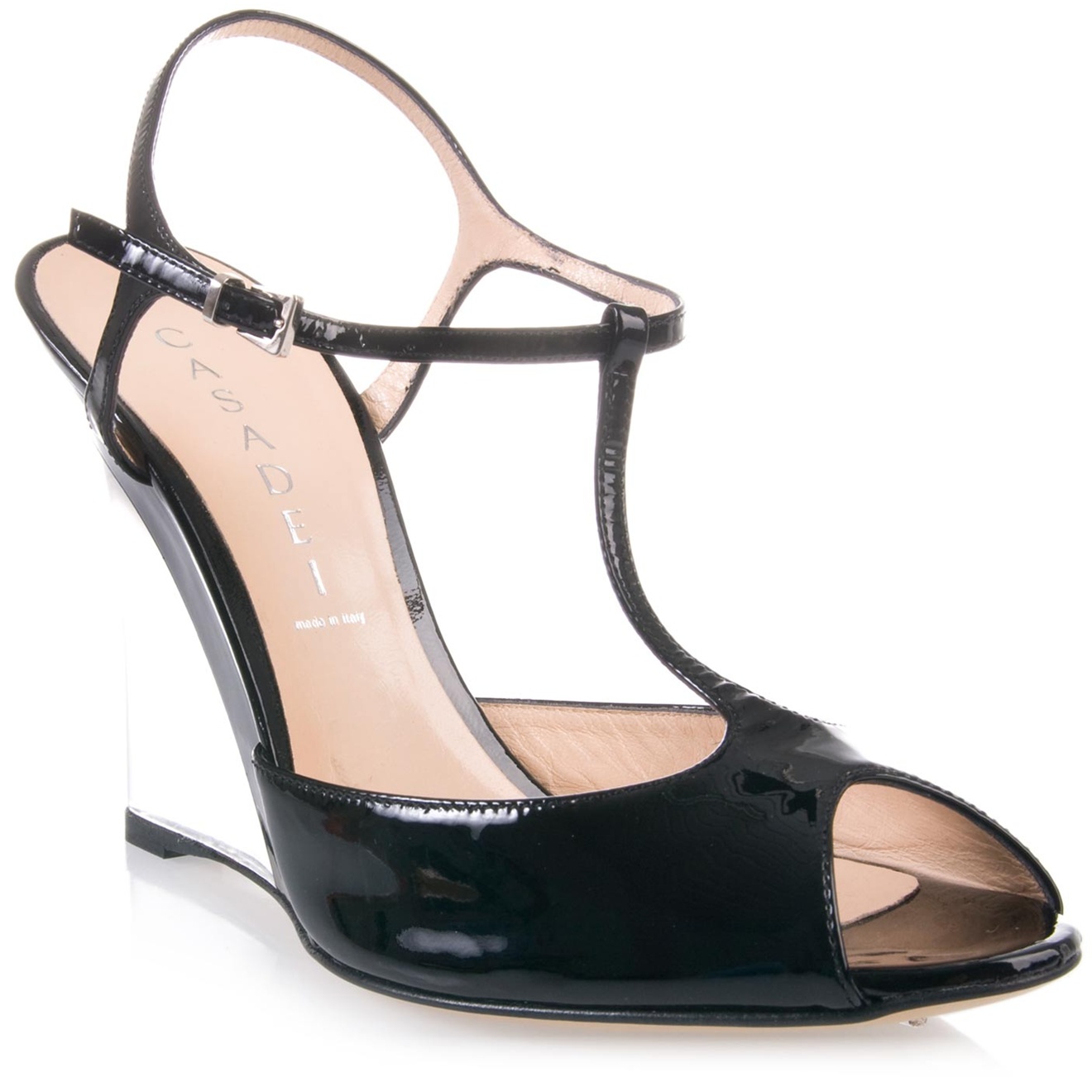 clear wedge heels black