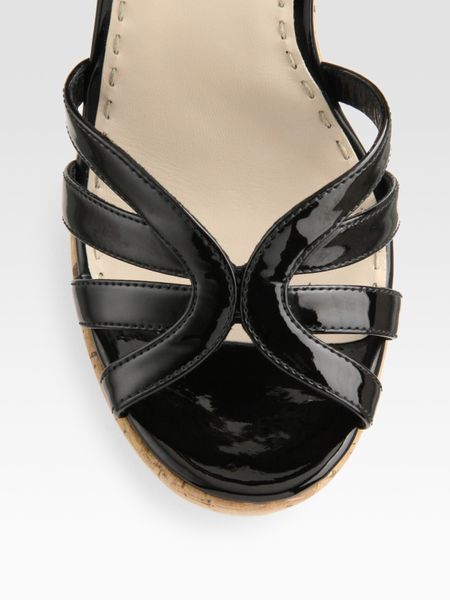 Prada Patent Leather Cork Sandals in Black | Lyst