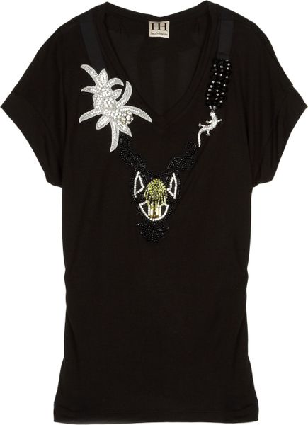 Haute Hippie Embellished Jersey T-shirt in Black | Lyst