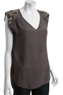 Love Sam Slate Silk Crepe V-neck Sequin Blouse - Lyst