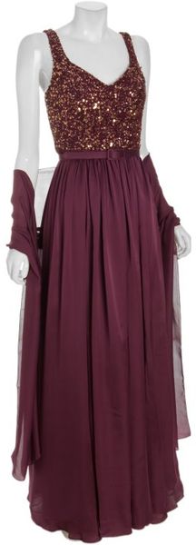  Plum Silk Sequin Long V-neck Gown 