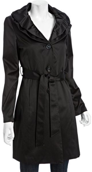 Tahari Black Sateen Natalie Belted Double Ruffle Trench Coat - Lyst