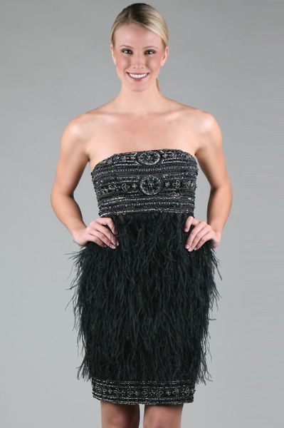 Sue Wong Strapless Feather Dress in Gray - Lyst