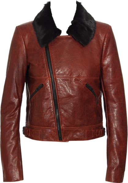 Balenciaga Leather Biker Jacket with Fur Collar in Brown - Lyst