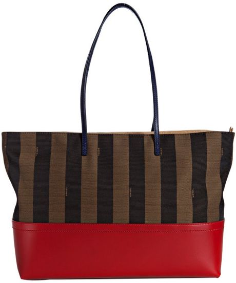 Fendi Red Leather and Striped Canvas Roll Tote in Brown (red) | Lyst