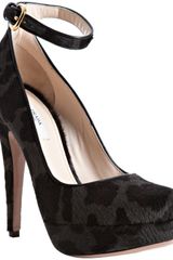 Prada Grey Leopard Print Calf Hair Ankle Strap Platforms