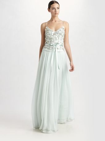 Theia Spaghetti Strap Floral Appliqué Gown - Lyst