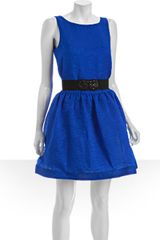 BCBGMAXAZRIA Blue Sapphire Textured Organza Belted Flared Party Dress