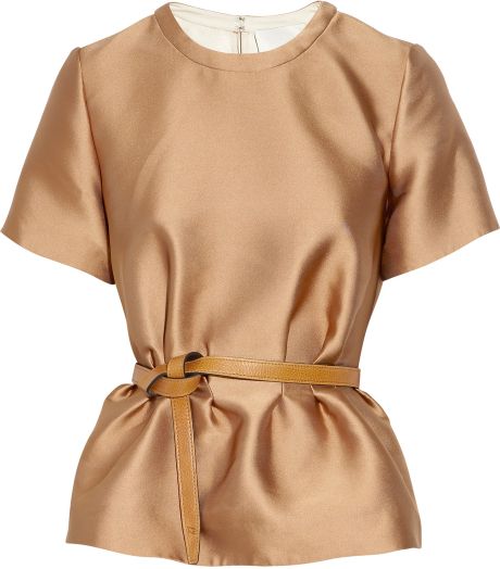3.1 Phillip Lim Belted Satin Peplum Top in Brown (caramel) - Lyst