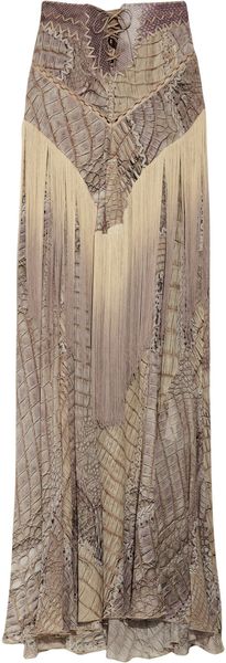 Roberto Cavalli Fringed Snake-print Silk-chiffon Maxi Skirt - Lyst