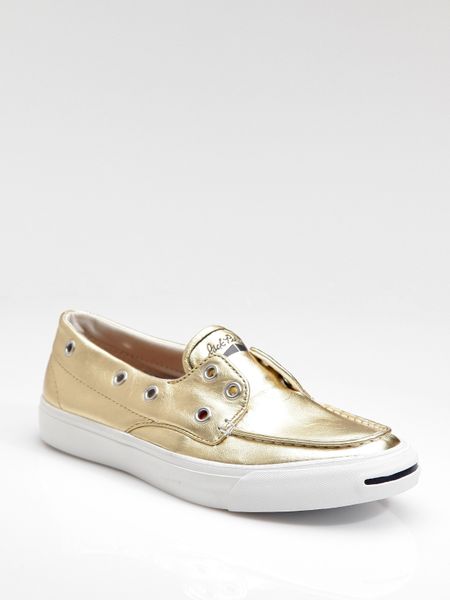 Converse Jack Purcell Laceless Metallic Leather Boat Shoe in Gold - Lyst