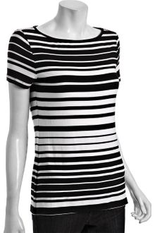 Three Dots Black Striped Cotton Boat Neck Shirt - Lyst