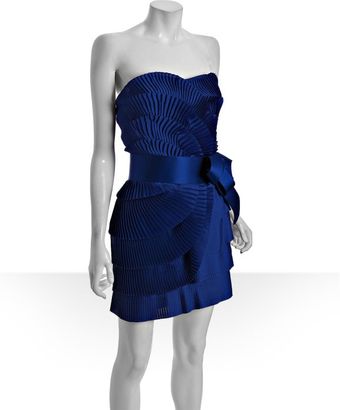  Royal Blue Pleated Satin Bow Detail Strapless Dress 