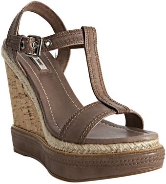 Miu Miu Dark Rose Leather and Cork T-strap Platform Sandals - Lyst