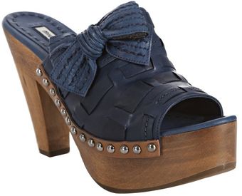  Denim Stitched Leather Bow Detail Platform Clogs 