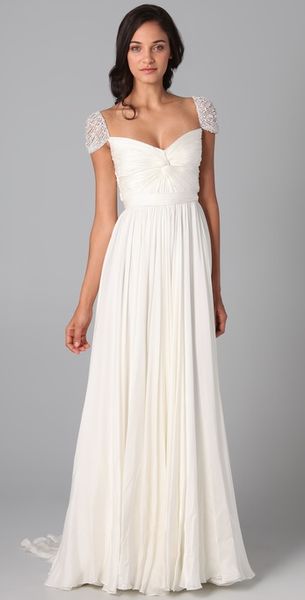 Reem Acra Twist Front Gown with Jeweled Sleeves - Lyst