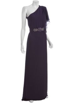 Badgley Mischka Plum Chiffon One Shoulder Ruffled Belted Gown - Lyst