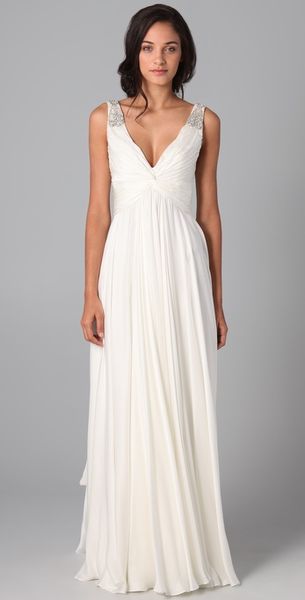 Reem Acra V Neck Gown with Jeweled Straps in White (ivory)