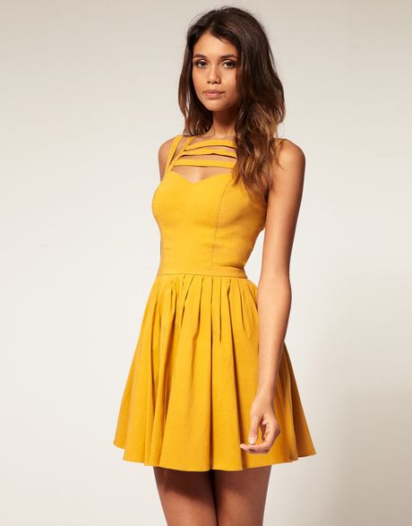 Asos Collection Asos Full Skirt Dress with Multi Strap in Yellow (olive) - Lyst