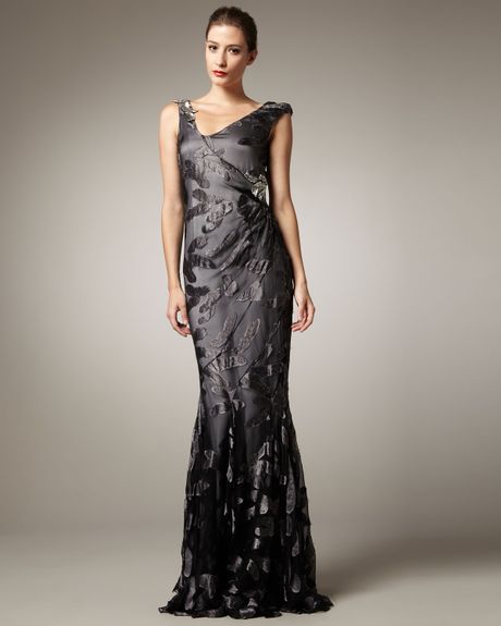 Pamella Roland Asymmetricneck Embroidered Gown in Gray (black) - Lyst