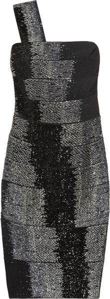 Hervé Léger Beaded Oneshoulder Bandage Dress in Gray (black) - Lyst